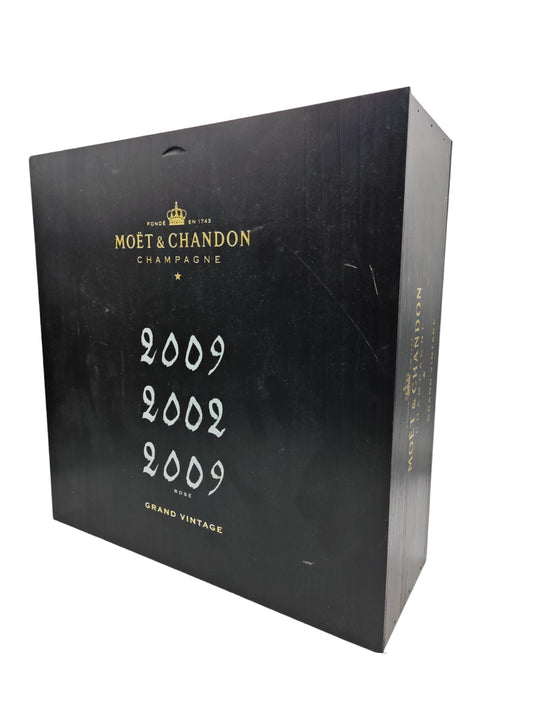 CHAMPAGNE MOET E CHANDON GRAND VINTAGE BRUT ROSE 3 BOTTIGLIE IN ELEGANTE BOX REGALO LEGNO