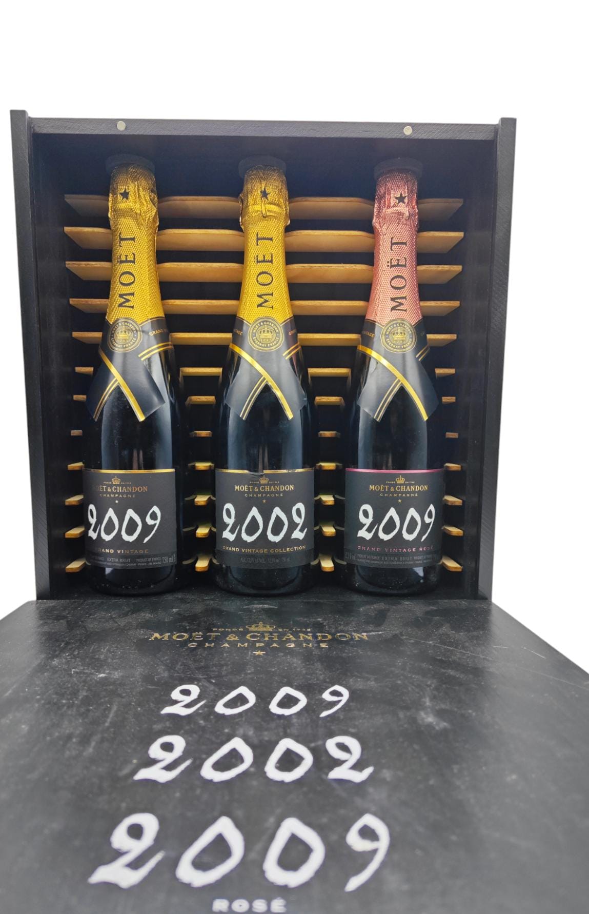 CHAMPAGNE MOET E CHANDON GRAND VINTAGE BRUT ROSE 3 BOTTIGLIE IN ELEGANTE BOX REGALO LEGNO