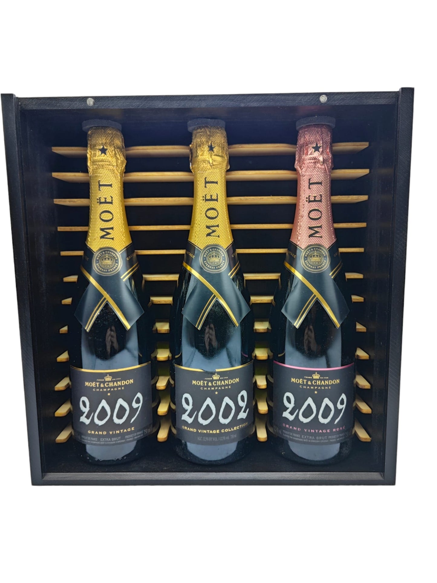 CHAMPAGNE MOET E CHANDON GRAND VINTAGE BRUT ROSE 3 BOTTIGLIE IN ELEGANTE BOX REGALO LEGNO