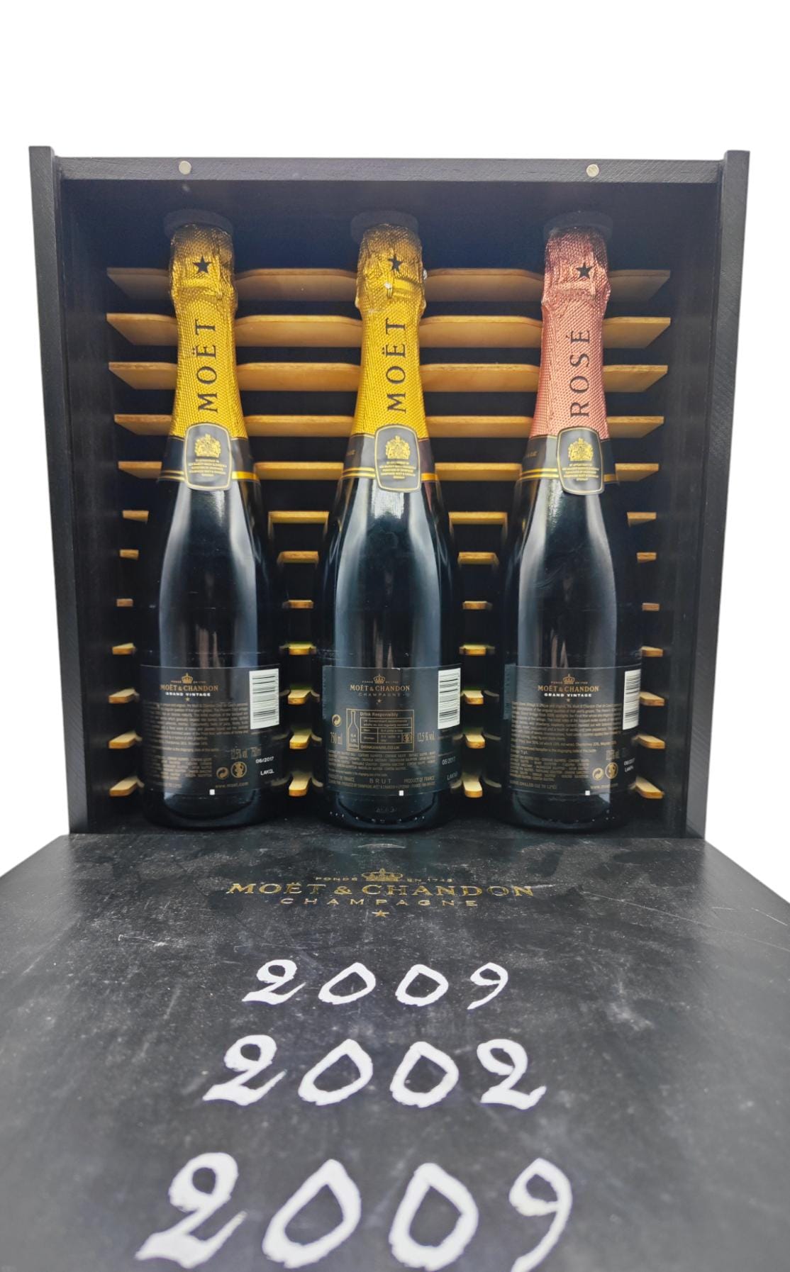 CHAMPAGNE MOET E CHANDON GRAND VINTAGE BRUT ROSE 3 BOTTIGLIE IN ELEGANTE BOX REGALO LEGNO