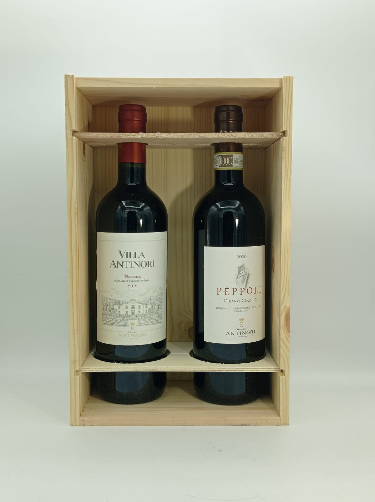 Cassetta in Legno da 2 bottiglie: Pèppoli, Chianti Classico DOCG 2019 Villa Antinori, Toscana IGT 2020 - Antinori